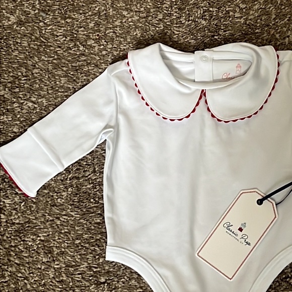 NWT Classic Prep Long Sleeve Izzy Onesie. Bright White with Crimson Ric Rac. - Picture 4 of 6